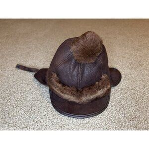 Boys/Girls Brown Suede Sheepskin Shearling Winter Hat Visor Sz 1 Unisex